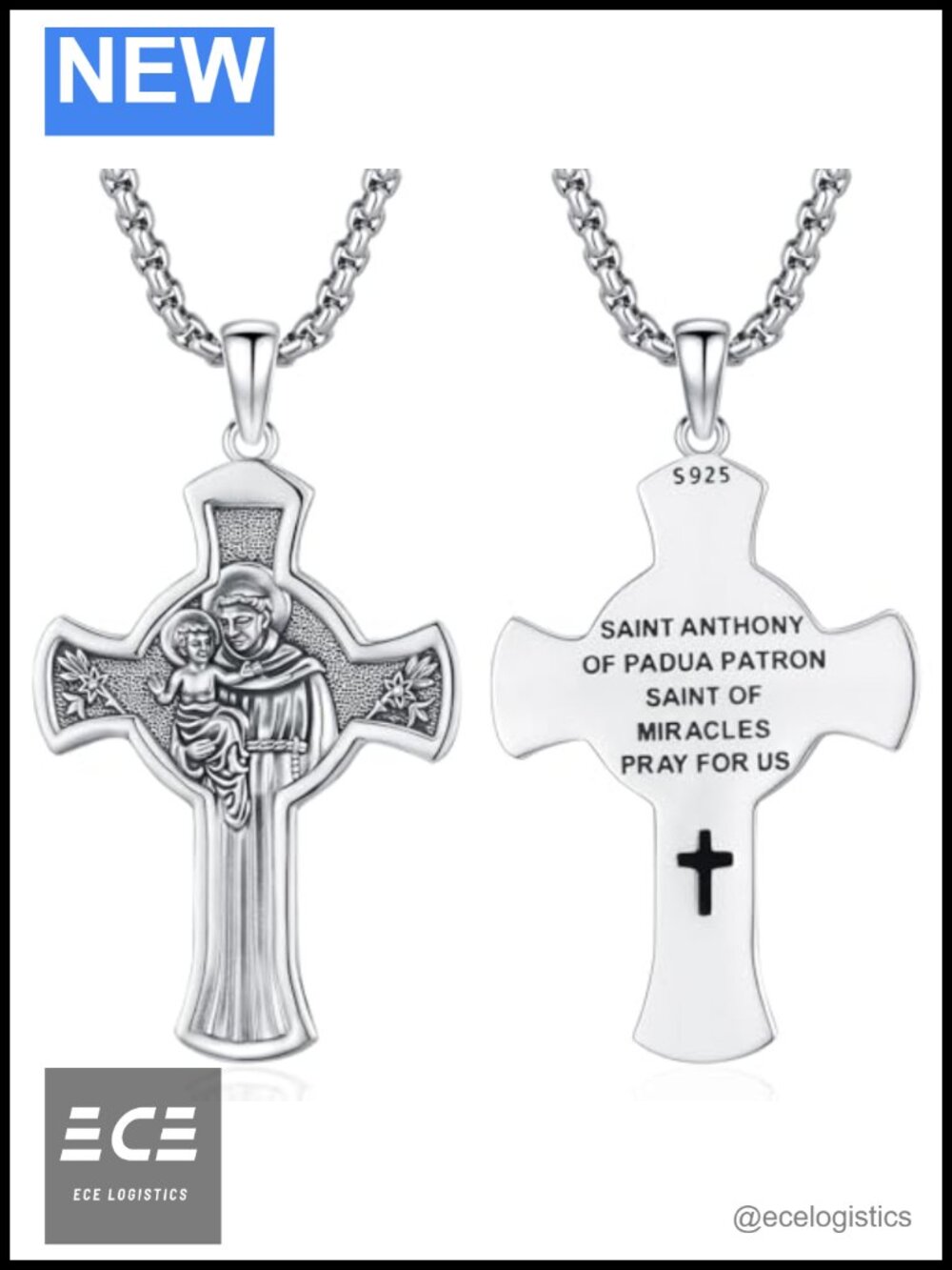 St Anthony Pendant Necklace 925 Sterling Silver Catholic Medal 22in
